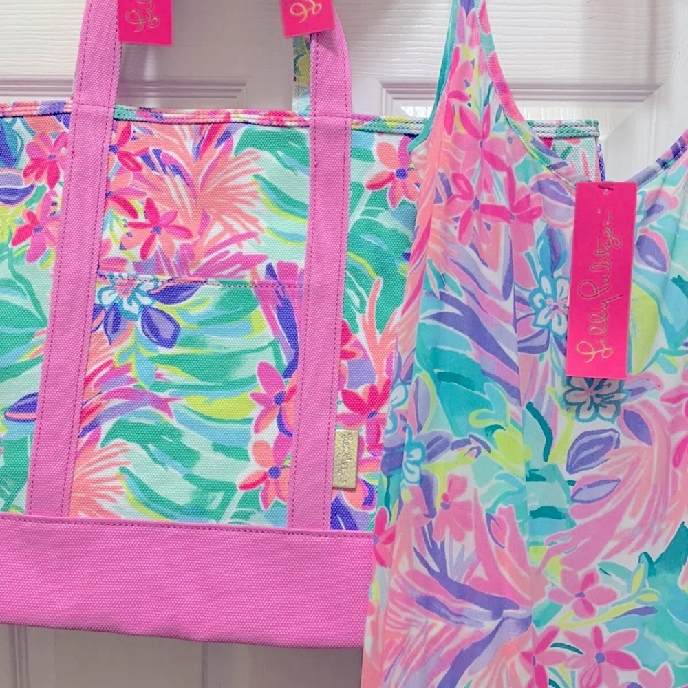 NWT LILLY PULITZER WINNI COVER-UP/ MERCATO TOTE/HAT SET IT WAS ALL A DREAM FIRM - Picture 2 of 10